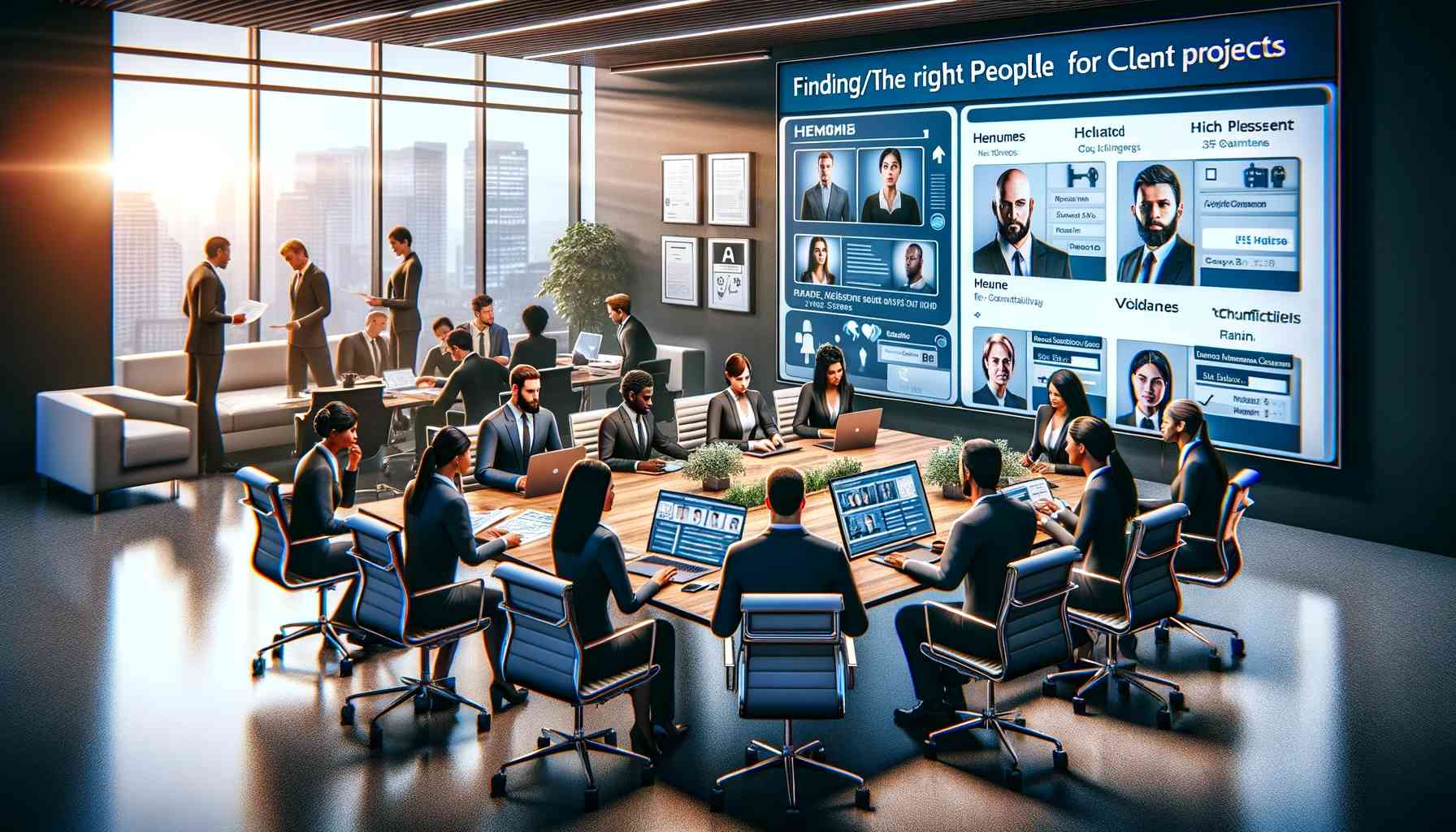 Image showing a team working together find the right people by going through multiple user profiles