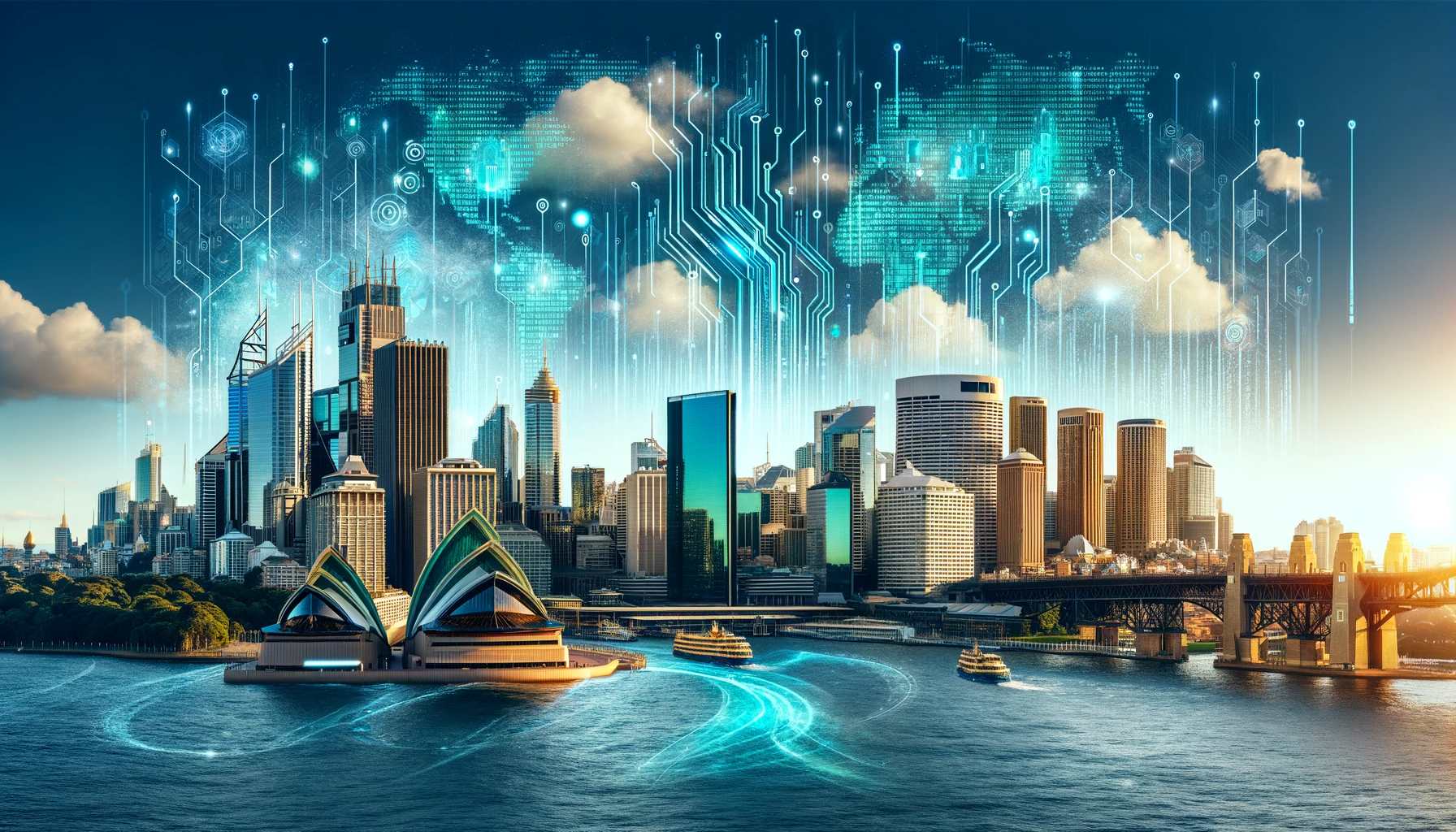 Image showing backdrop of sydney city with a lot of advanced software vibe