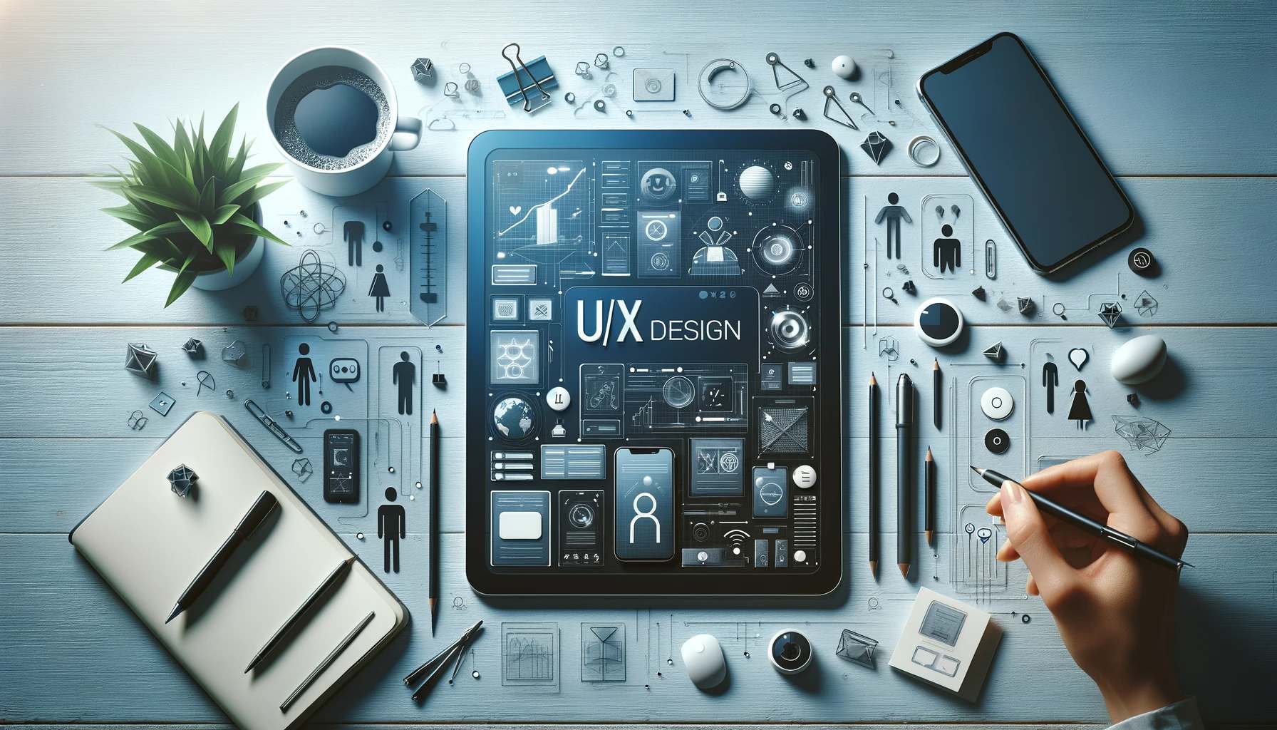 Image showing a tablet with design elements on it and the table it is sitting on